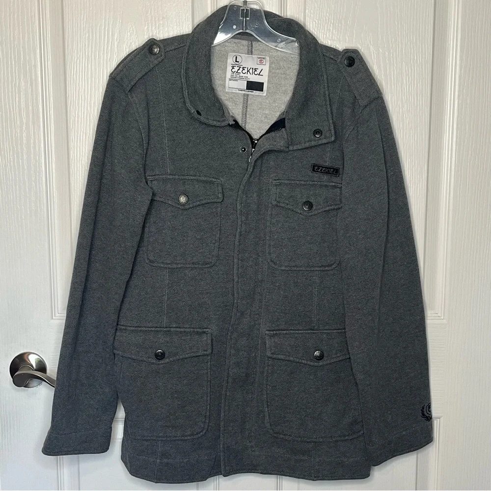 Ezekiel Gray Herringbone Print Mens Jacket Size L Field Utility